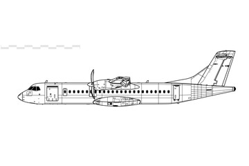 ATR 72-500. Vector drawing of turboprop short-haul regional airliner. Side view. Image for illustration and infographics.