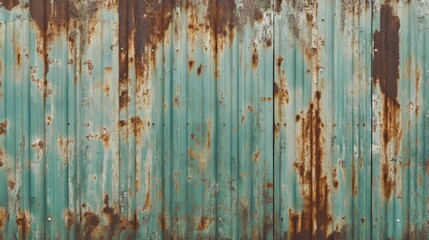Obraz premium Rusted corrugated metal wall with dents and faded paint, realistic texture 