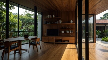 Modern minimalist living room with wooden floors, large windows, and built-in shelving.