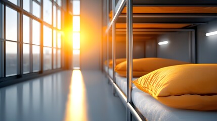 Bright hostel dormitory with colorful bedding and sleek metal bunk beds, sunlight streaming through large windows, hostel beds, vibrant travel space