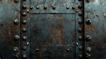 The surface of an armored military vehicle with thick, scratched metal plates and rivets 