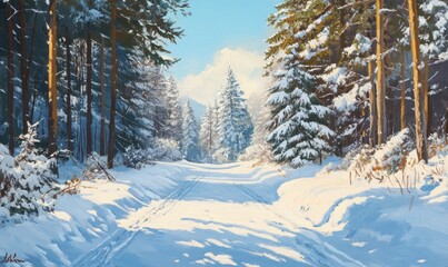 In the winter forest of the mountains, deep snow covers the road in the forest.