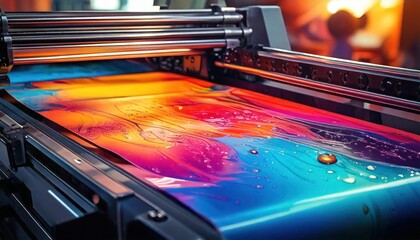 high-speed printing press in action, with CMYK ink layers being applied to a glossy magazine