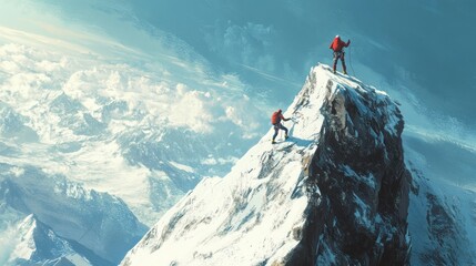 Conquering the Summit: A breathtaking view of two climbers reaching the peak of a snow-capped mountain, symbolizing achievement and perseverance.