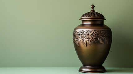 Traditional funeral urn, bronze with hand-carved leaf motifs, standing on a muted olive-green backdrop with copy space to the right