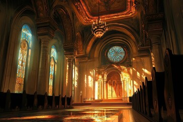 Obraz premium Sunlit ornate chapel, stained glass, pews.