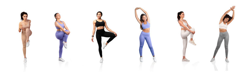 Fototapeta premium A group of women engages in different stretching exercises, showcasing flexibility and fitness. They wear colorful athletic apparel while concentrating on their routines in a bright, indoor setting.