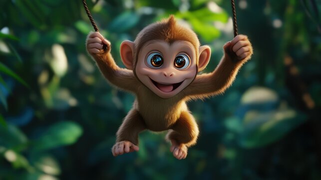 Lively monkey cartoon swinging dynamically, round face, sparkling eyes, soft brown fur, lush jungle background.
