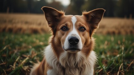 A red and white dog sits in a field.