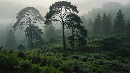 Obraz premium Misty morning landscape with tall trees and lush green vegetation on a hillside.