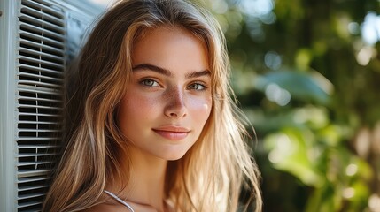 Naklejka premium Young Woman with Long Blonde Hair Leaning Against Air Conditioner Unit Outdoors in Natural Sunlight
