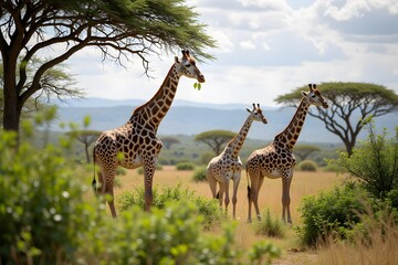 Fototapeta premium Three giraffes grazing in african savanna under cloudy sky