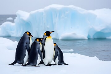 Obraz premium Majestic emperor penguins gather on antarctic ice with icebergs in background