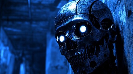 A skull with glowing eyes is shown in a blue room