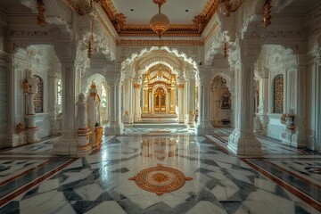 Obraz premium Ornate hall, marble floor, white columns, gold accents.