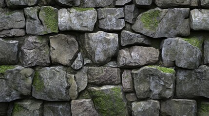 Crumbling stone wall with moss and deep cracks, realistic texture
