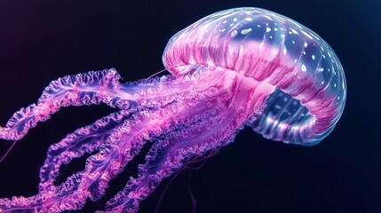 A large purple jellyfish with white dots is floating in the water