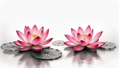  Two pink lotus flowers with yellow centers on water with gray lotus leaves.Graceful pink blooms gently floating on still water, serene and tranquil. Sacred lotus flowers representing purity, enlighte