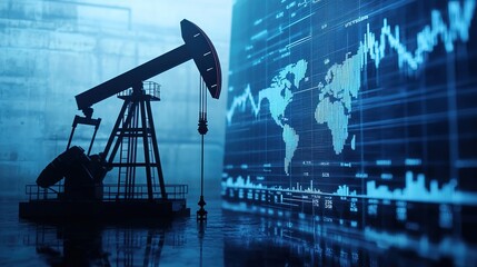 A silhouette of an oil pump jack against a digital world map and stock market graphs, symbolizing the oil industry's impact on global markets.