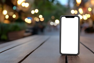 A smartphone on a wooden table in a softly lit outdoor setting.