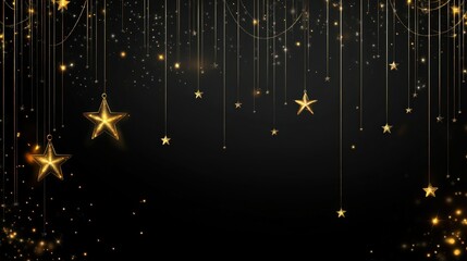 Fototapeta premium A luxurious black background with cascading golden stars and glowing strings of light, accented by sparkling golden bokeh for a minimalist and enchanting design.