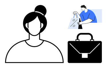 Portrait of a woman with a bun hairstyle, man carrying shopping bags with discount icons, and a black briefcase. Ideal for business themes, shopping, career, marketing, discounts, consumer behavior