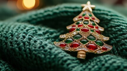 Fototapeta premium Festive brooch in the form of a Christmas tree on a knitted fabric, creating a warm holiday atmosphere
