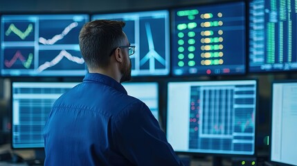 A professional analyzing data on multiple screens, showcasing trends, charts, and statistics in a modern digital workspace.