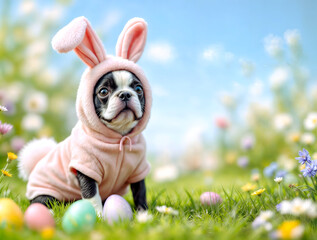 Adorable Boston Terrier Puppy in Easter Bunny Costume Posing in a Vibrant Spring Meadow with Colorful Easter Eggs