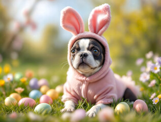 Adorable Boston Terrier Puppy in Easter Bunny Outfit Surrounded by Colorful Eggs in a Spring Meadow