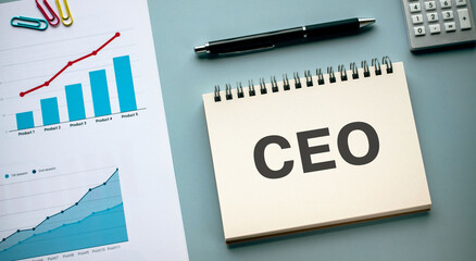 There is notebook with the word CEO. It is an abbreviation for Chief Executive Officer as...
