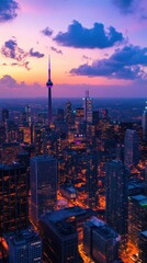 A vibrant city skyline at dusk, showcasing lights and the CN Tower.