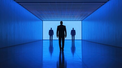 Fototapeta premium A silhouetted figure walks towards a glowing blue backdrop, flanked by two shadowy forms in a modern, minimalist corridor.