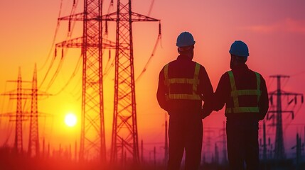 Two workers in safety gear stand together against a vibrant sunset, with power lines silhouetted in the background, symbolizing teamwork in the energy sector.