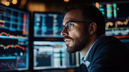 Obraz premium A focused man analyzes data and financial trends on multiple screens, showcasing a high-tech environment for trading or investment analysis.