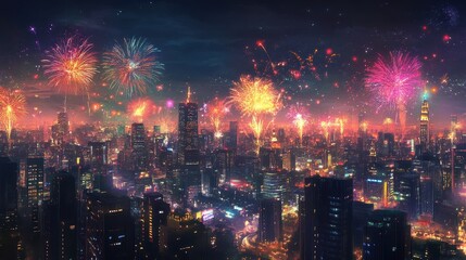 Fototapeta premium Magnificent Cityscape with Breathtaking Fireworks Display over the Glittering Metropolis