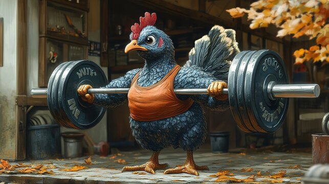 A Strong Hen Lifting Weights In A Workshop