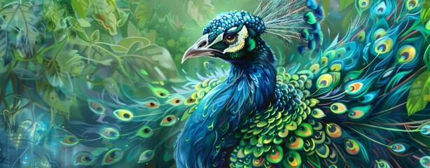 Fototapeta premium Portrait of beautiful peacock with feathers out