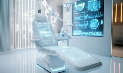 The medical room of the future city, a scientific and technological modeling chair in the house, a medical lamp with future modeling on it, a transparent touch screen with many chemical equations.