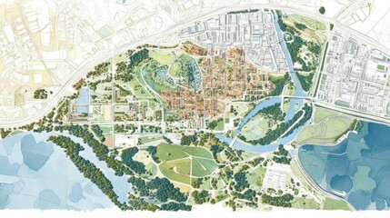 A detailed landscape plan showcasing urban and natural areas.