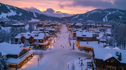 Snowy Mountain Town Sunset Winter Wonderland Scene