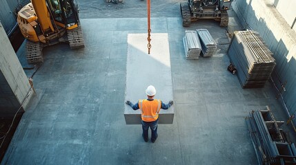 Construction Worker Overseeing Concrete Slab Lifting