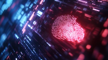 Glowing red fingerprint on a futuristic digital circuit board.