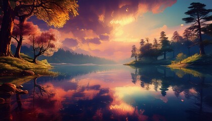 The calm lake reflects the beauty of the sky.  