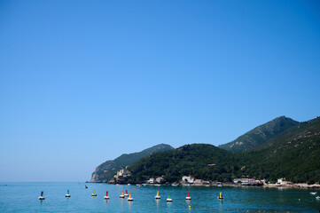 Obraz premium Ocean view with yachts and Forte de Santa Maria da Arrabida Portugal. 2024.