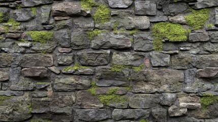 Fototapeta premium Stone brick wall with visible mortar and moss resting on it