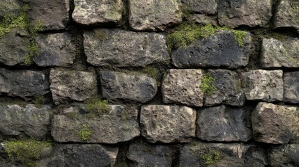 Obraz premium Stone brick wall with visible mortar and moss resting on it