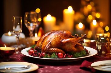 roasted turkey on table with candles, ai generative