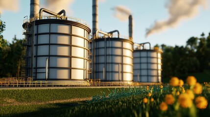 Fototapeta premium Industrial storage tanks surrounded by greenery, featuring smokestacks in the background under a blue sky.