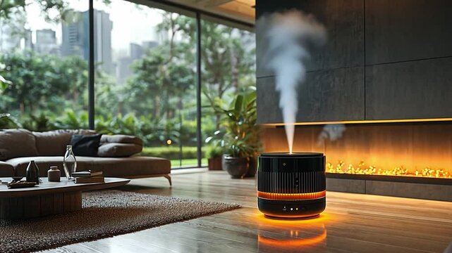 Stylish modern room featuring a sleek aroma diffuser emitting calming vapor